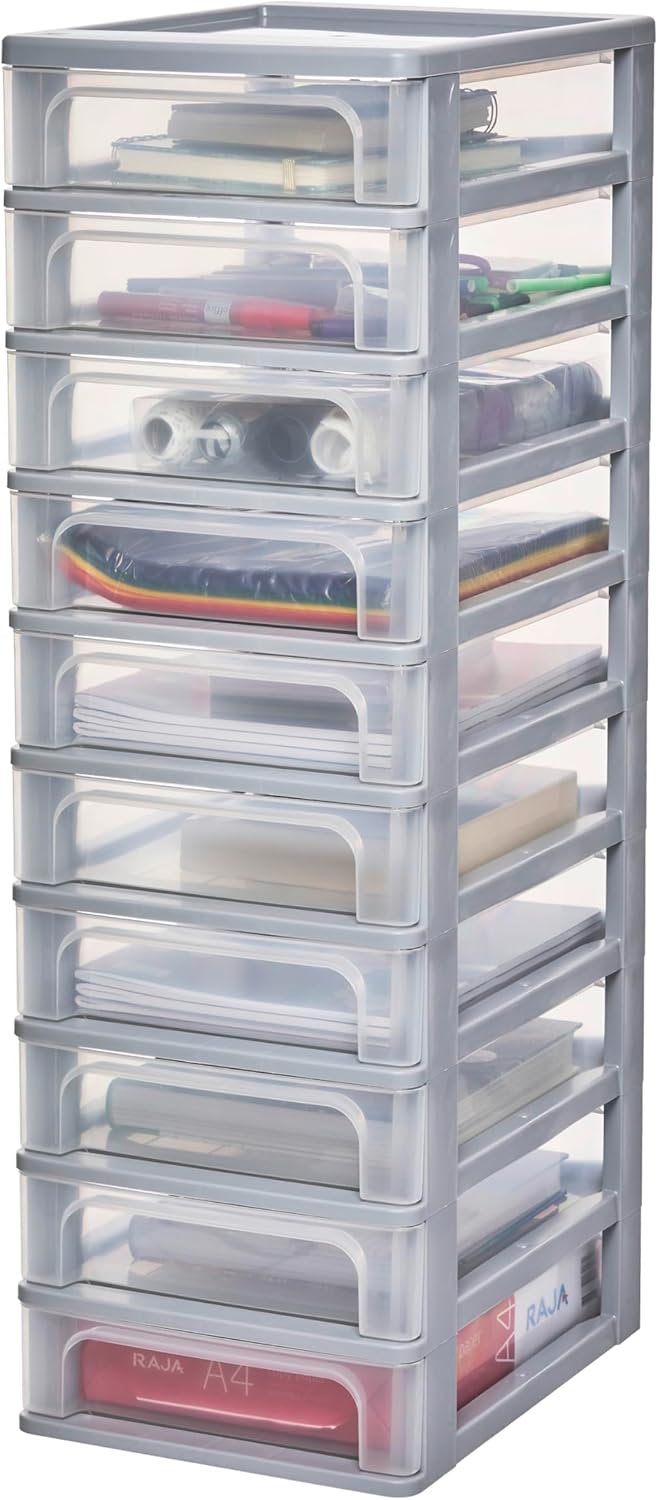 Iris Ohyama, Kunststoff Schubladenbox mit 10 tiefen Schubladen, Grau, Easy-Pull-System, A4, A5 & A6