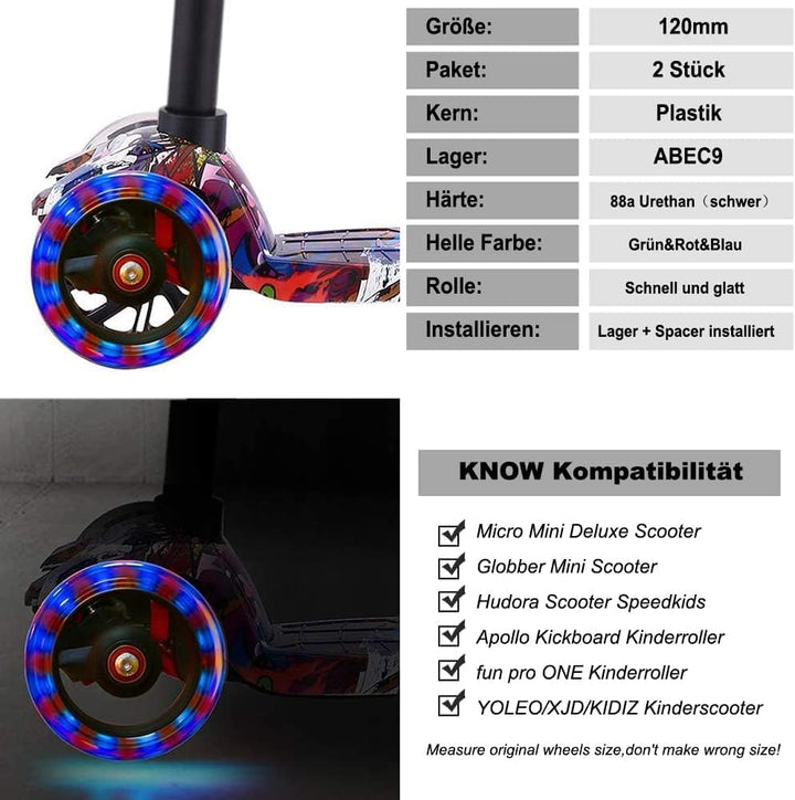 120mm Scooter Rollen - 2 Stück 120mm Led Scooter Ersatzräder Räder mit ABEC-9 Lager - 120mm hell bli