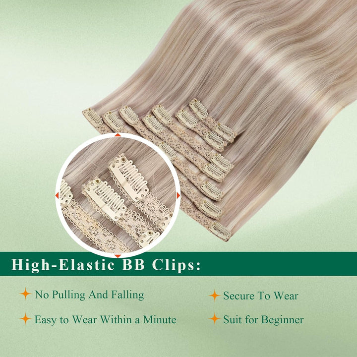 Easyouth Haarverlängerung Echthaar Clip Remy Echthaar Extensions Clip in Farbe Aschblond Mix Gelb Bl