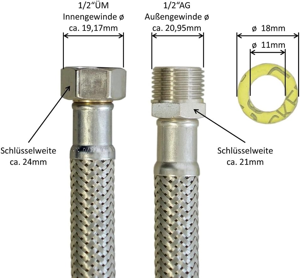 H2O-Flex® Panzerschlauch 1/2"ÜM x 1/2"AG, Flexschlauch DN13 für Sanitär mit Trinkwasserzulassung, 30
