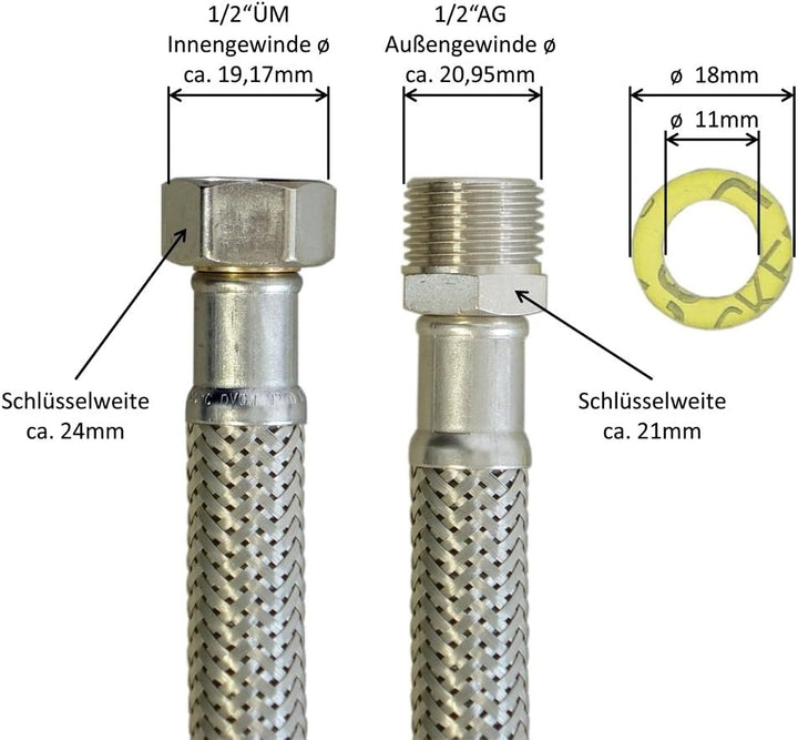 H2O-Flex® Panzerschlauch 1/2"ÜM x 1/2"AG, Flexschlauch DN13 für Sanitär mit Trinkwasserzulassung, 30
