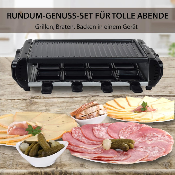 Syntrox Germany Raclette Liestal, 8 Personen, 8 Pfännchen, 4 Grillplatten/heisser Stein, antihaftbes