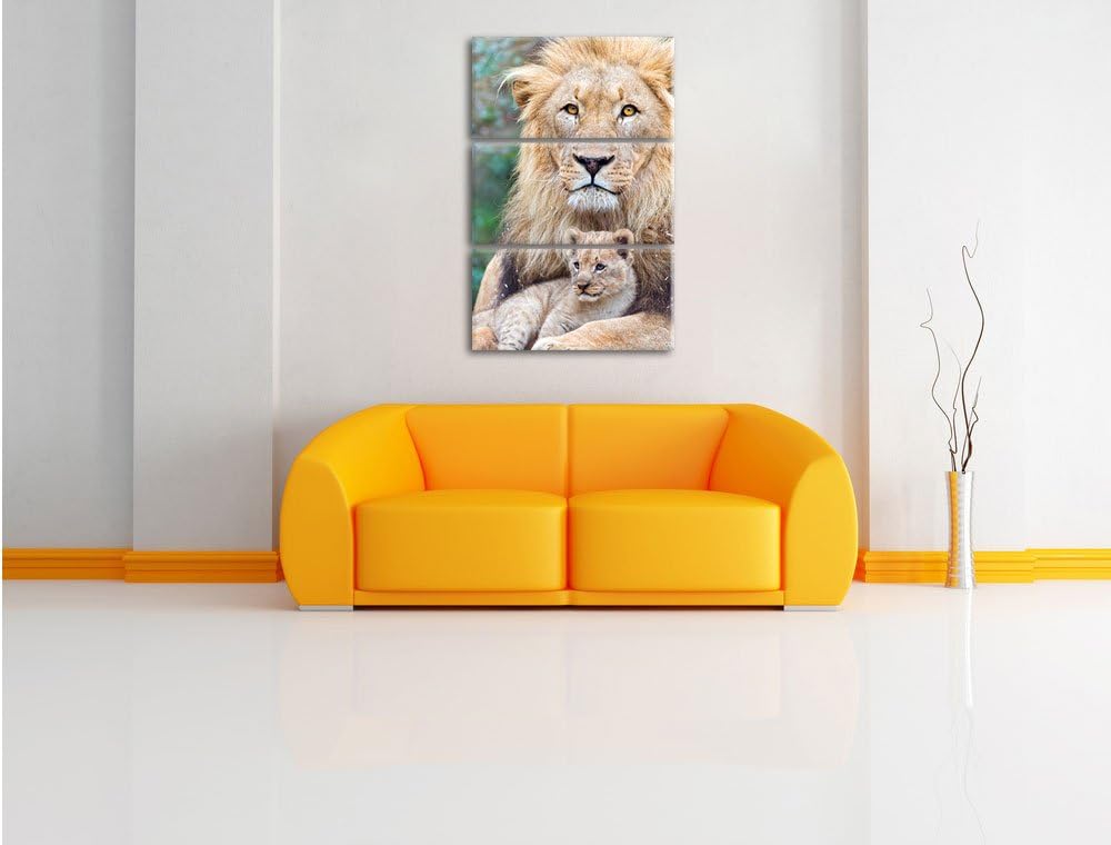 Pixxprint Löwe kuschelt mit Jungtier als Leinwandbild/Grösse: 3 Teilig (120x80) cm/Wandbild/Kunstdru