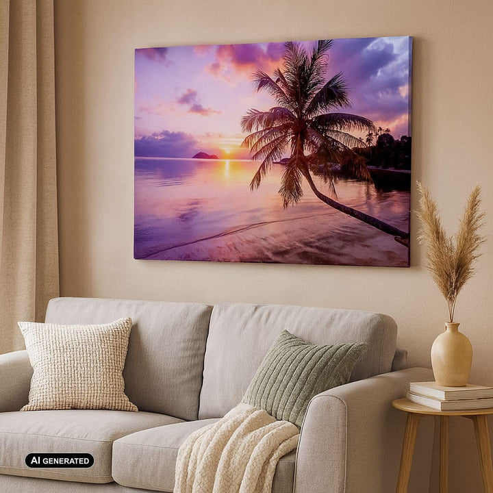 Bilder auf Leinwand 100x70cm Leinwandbild mit Rahmen Strand Meer Palme Gross Wanddeko Bild Schlafzim
