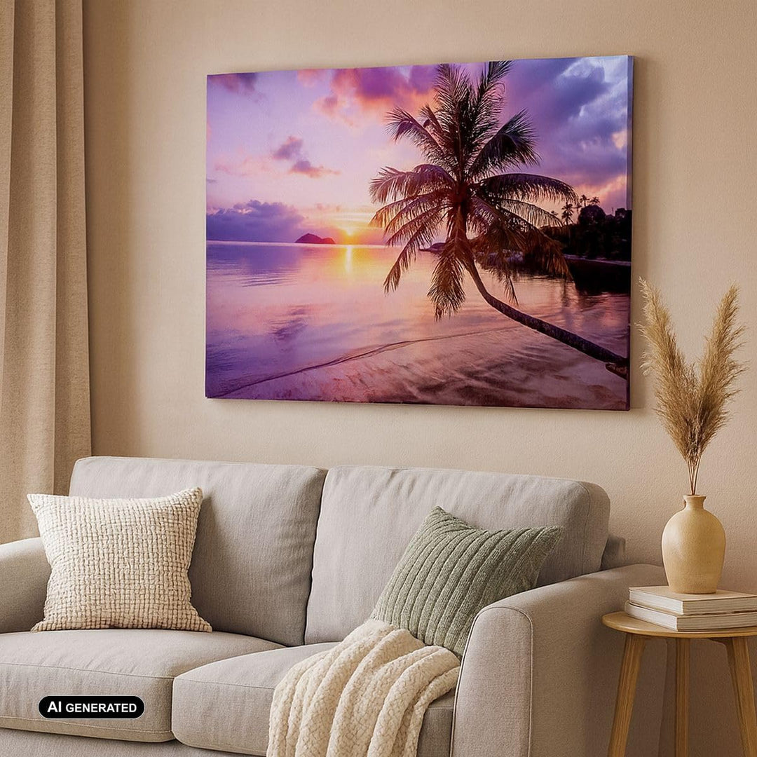 Bilder auf Leinwand Strand Meer Palme Leinwandbild mit Rahmen 70x50cm Wandbilder Dekoration Wohnzimm