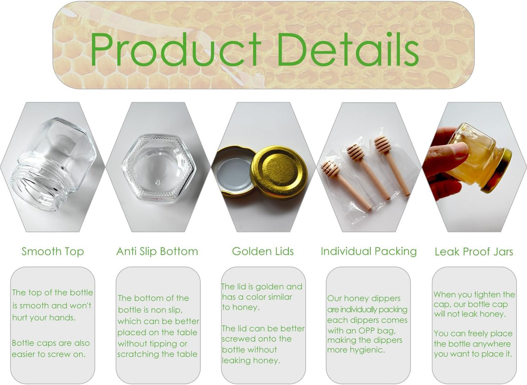 DnayDkiy 40er Set Mini Sechseckige Glas Honig Gläser mit Dippers und Charm-Anhängern - Perfekt als G