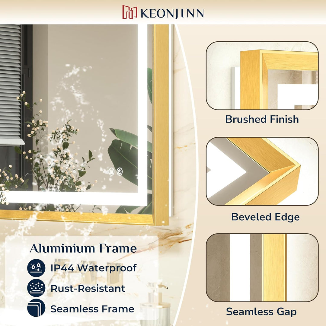 Keonjinn Badspiegel mit Beleuchtung Gold Metallrahmen 60x80cm, Badezimmerspiegel Beleuchtet Beschlag