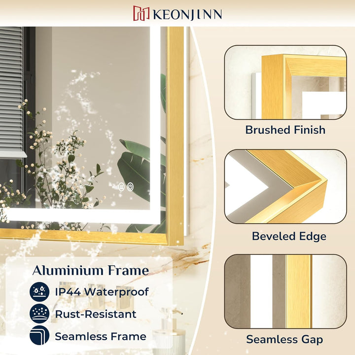 Keonjinn Badspiegel mit Beleuchtung Gold Metallrahmen 60x80cm, Badezimmerspiegel Beleuchtet Beschlag