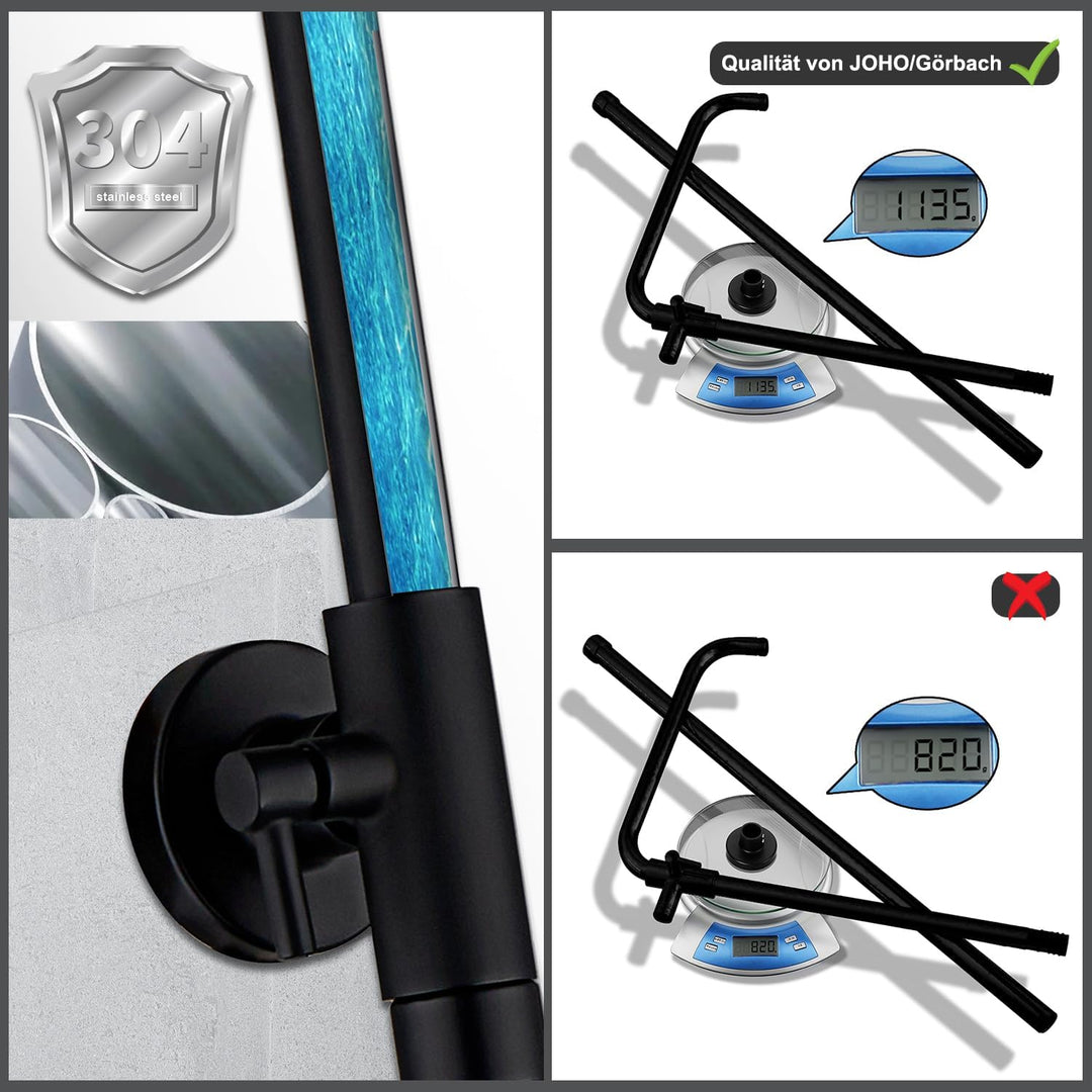 JOHO 304 Edelstahl Duschsystem ohne Armatur, Matt Schwarz Regendusche Duschset mit Wandhalterung, Du