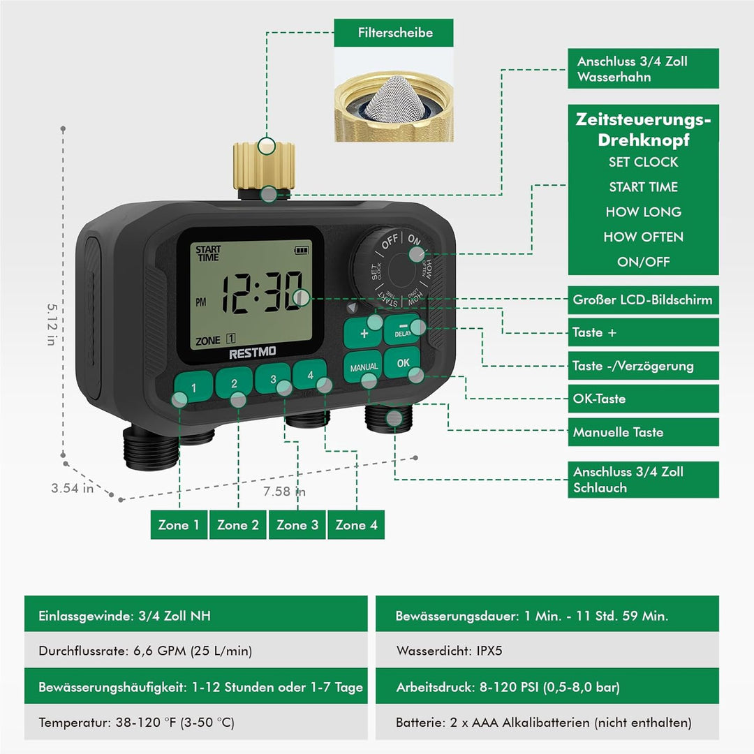 RESTMO 4 Zonen Bewässerungscomputer mit integriertem RF-Chip und Fernbedienung, automatisch/manuell/