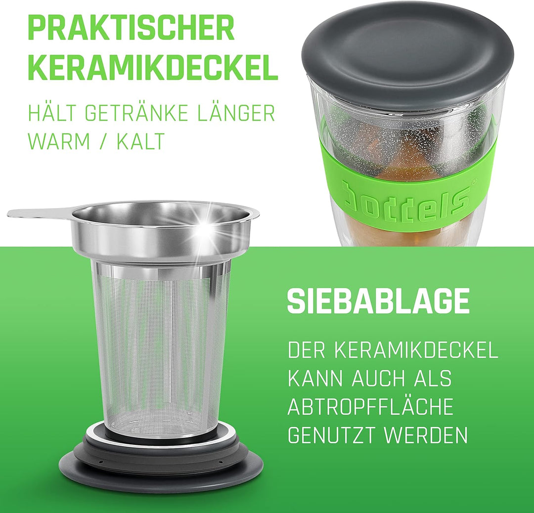 Glasbecher 380ml – mit Sieb Doppelwandig Teetasse mit Edelstahl-Sieb Keramik-Deckel spülmaschinengee