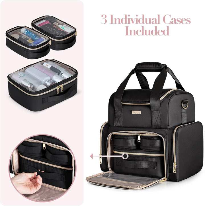 Grosses Makeup Tasche mit 3 Innentaschen, Doppellagiger Kosmetik Organizer mit Tasche für Makeup Bür