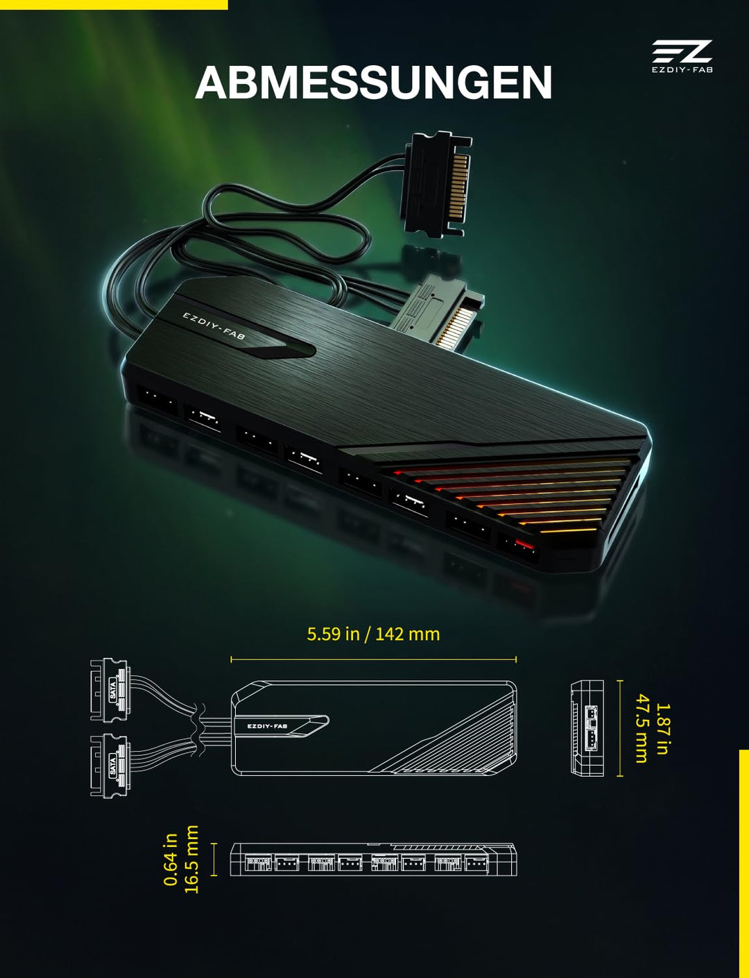 EZDIY-FAB FH01 8-Port ARGB PWM Fan Hub Controller,Duale SATA-Kabel,Schwarz, Schwarz