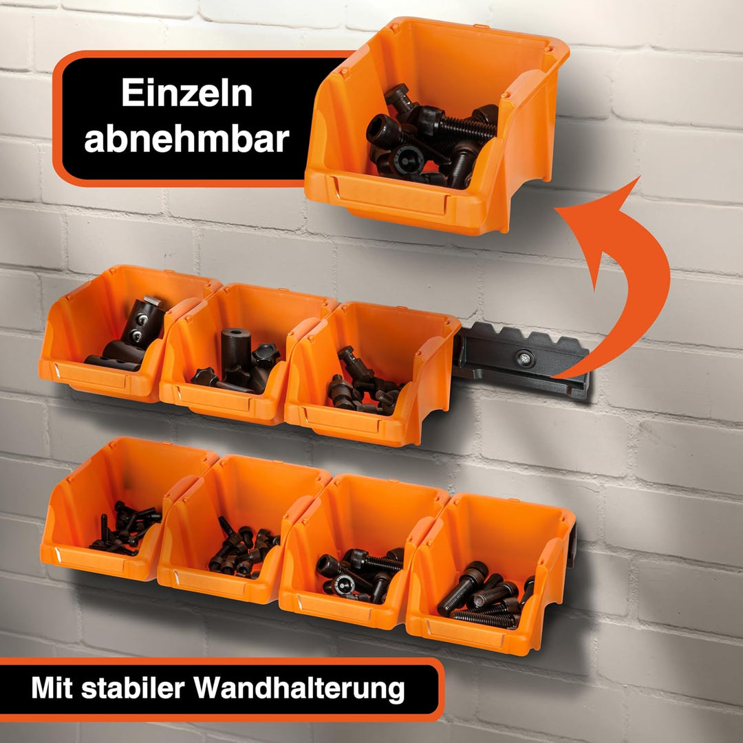 YPC Stapelboxen Set - Orange 8 Stück - Sichtlagerboxen 16x9x7cm mit Wandhalterung für Werkstatt & Ga