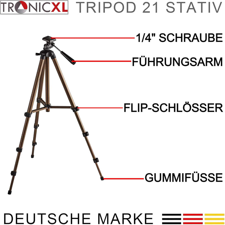 TronicXL 360° Tripod 21 Kamerastativ Stativ DSLR Aluminium 130cm für Dreibein Kamera Ersatzteil für