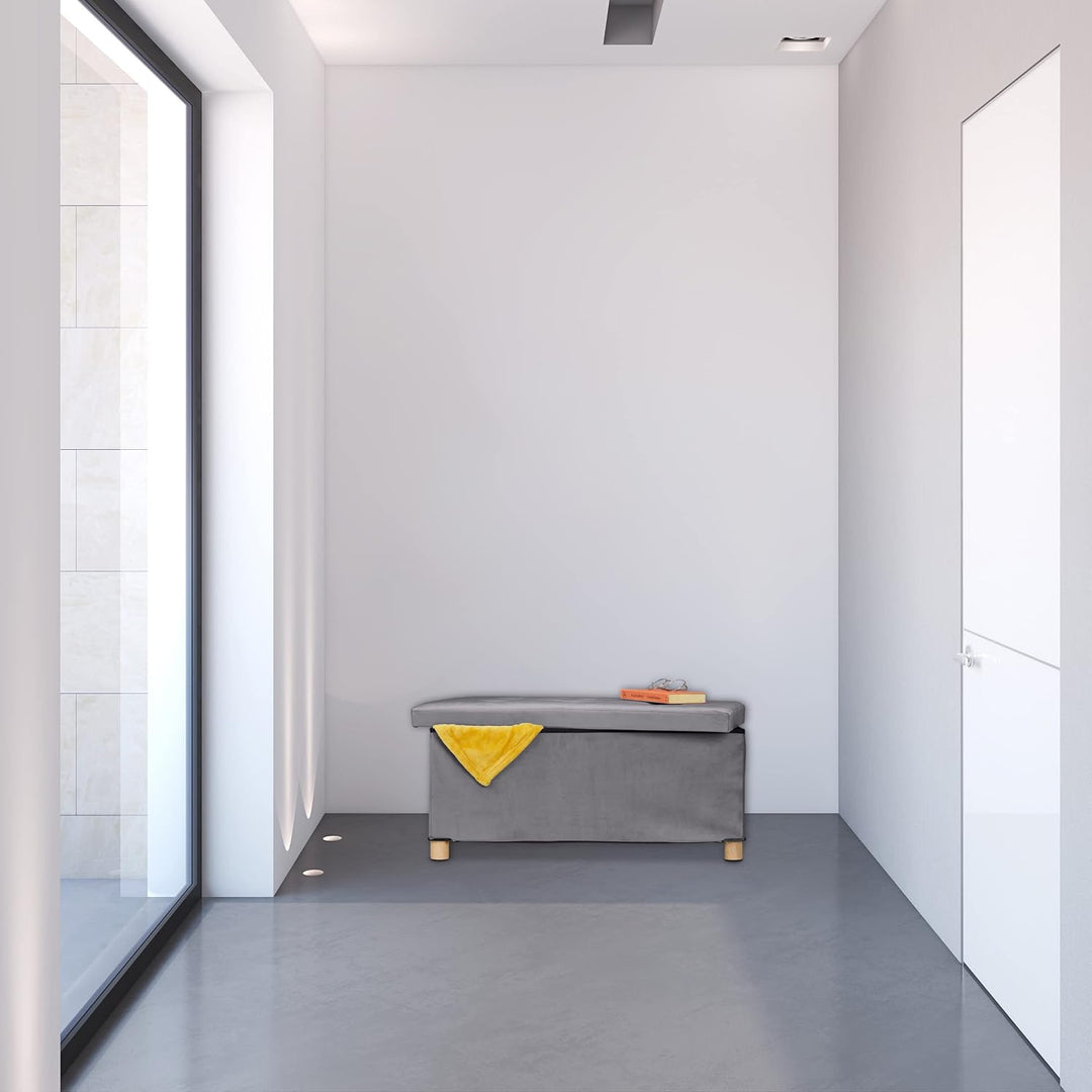 Relaxdays Sitzbank mit Stauraum, Polster, Samtbezug, Holzfüsse, bis 120 kg, faltbar, Sitztruhe HBT 3