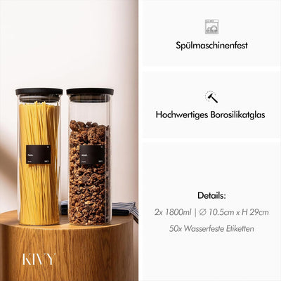 KIVY Vorratsgläser mit transparenten Glasdeckel [2x 1800ml] Luftdichte Nudelgläser mit Deckel - Müsl
