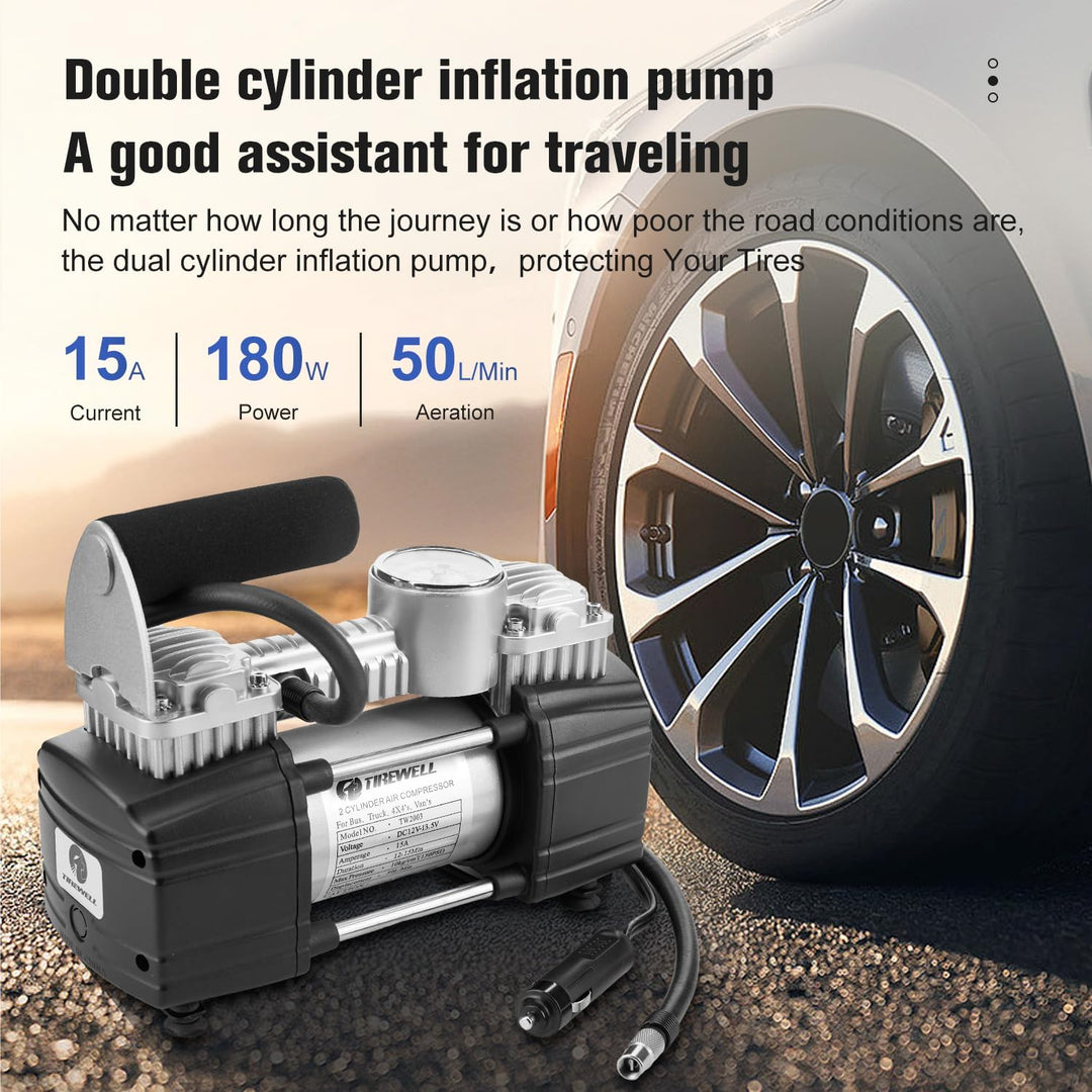 TIREWELL 12 V Reifenfüller - Heavy Duty Double Zylinder Direct Drive Metall Pumpe 150PSI, Air Kompre