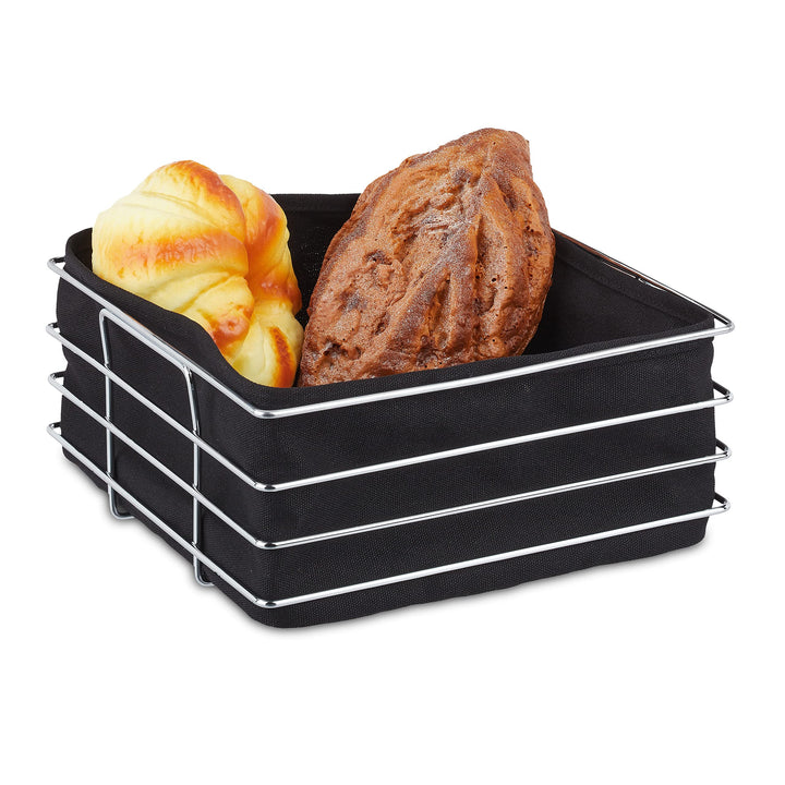 Relaxdays Brotkorb Metall, mit Stoffeinsatz, moderner Brötchenkorb, Frühstückskorb Edelstahl, HBT 10