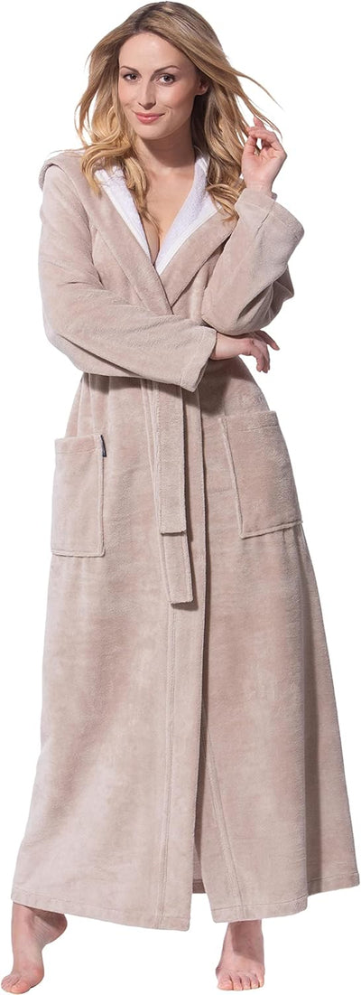 Morgenstern Bademantel Damen Extra Lang Kapuze Frottee Velours Luxus Morgenmantel S Tall Beige, S Ta