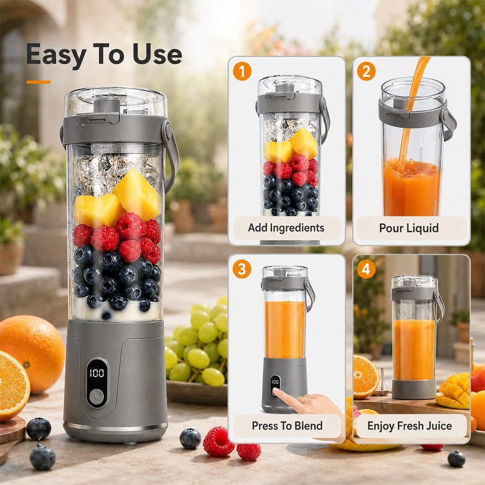 600ml Tragbarer Mixer Smoothie Maker to Go,USB-C Wiederaufladbarer Blender | Mini Standmixer mit LED