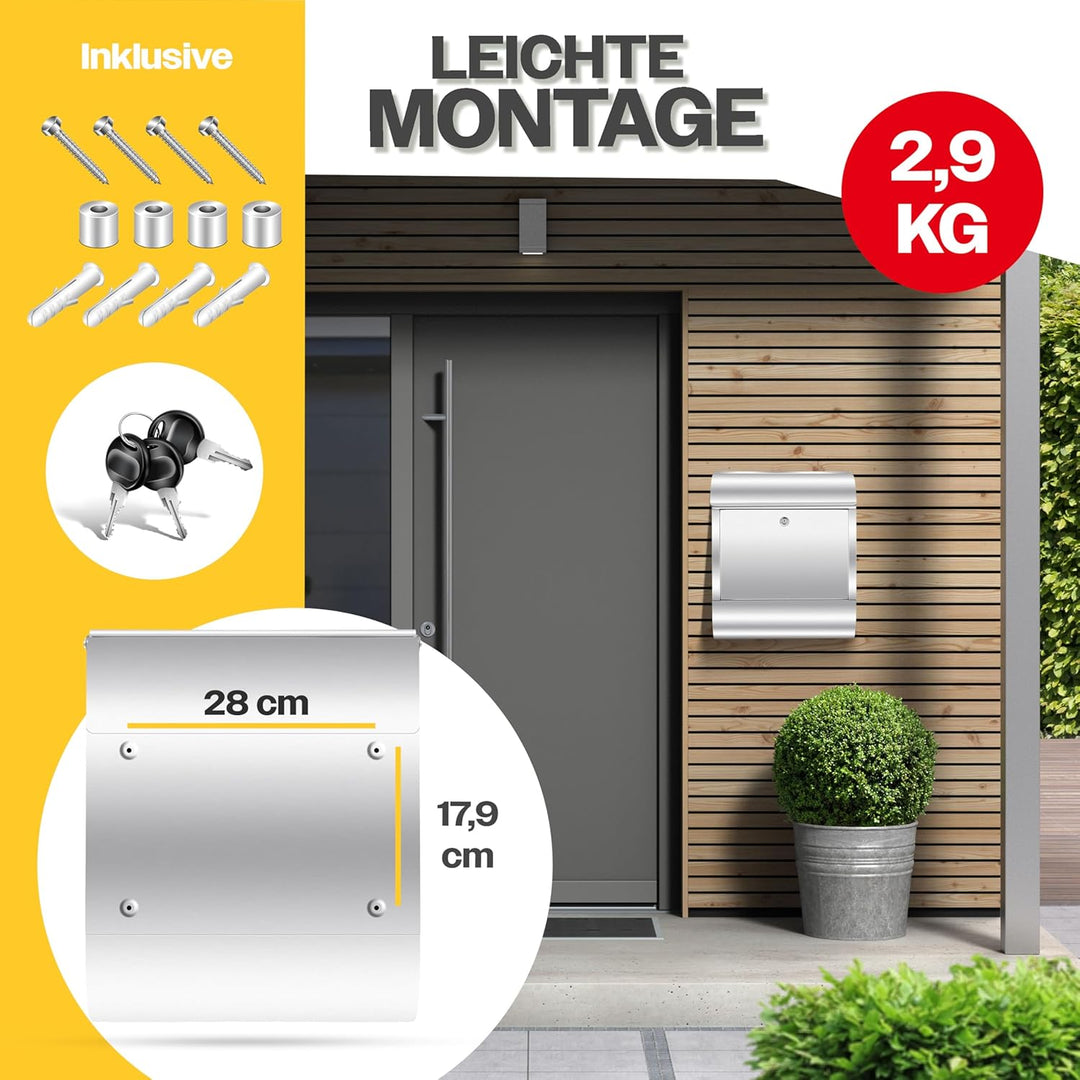 KESSER® XXL Briefkasten Edelstahl mit Zeitungsfach, gebürstet, 3X Schlüssel abschliessbar, Pulverbes