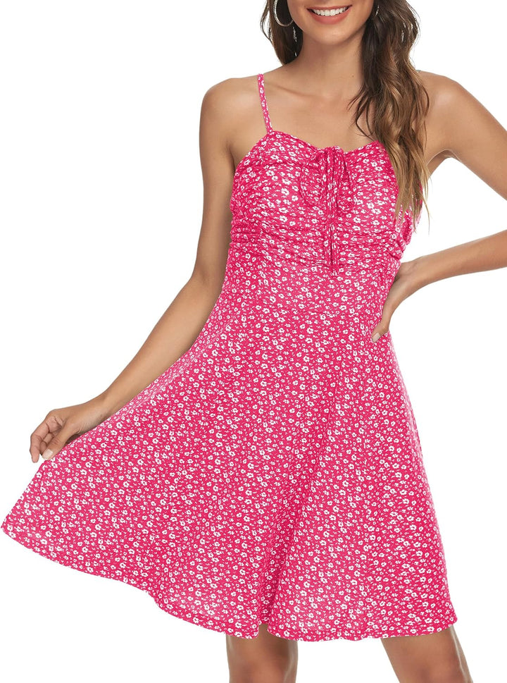 Missufe Damen Sommerkleid Swing Blumenkleid Freizeitkleid Spaghettiträger Cami Kleider XS Heisses Ro