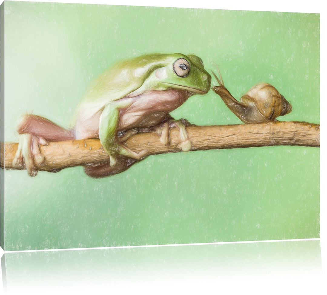 Pixxprint der Frosch und die Schnecke / 100x70cm Leinwandbild bespannt auf Holzrahmen/Wandbild Kunst