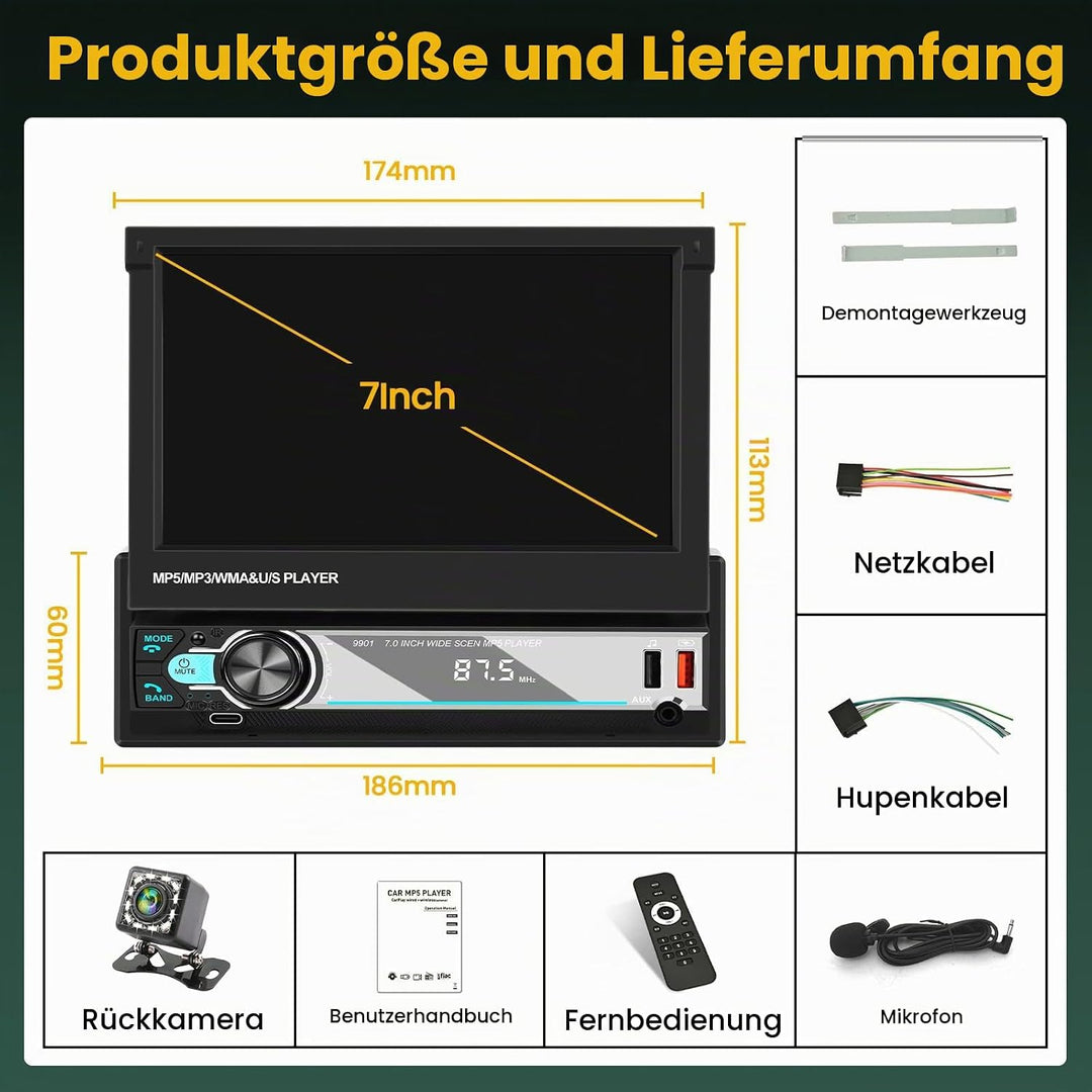 Hikity 1 Din Autoradio Wireless Carplay Andriod Auto 7 Zoll Manuelle Ausfahrbarem Bildchirm Auto Rad