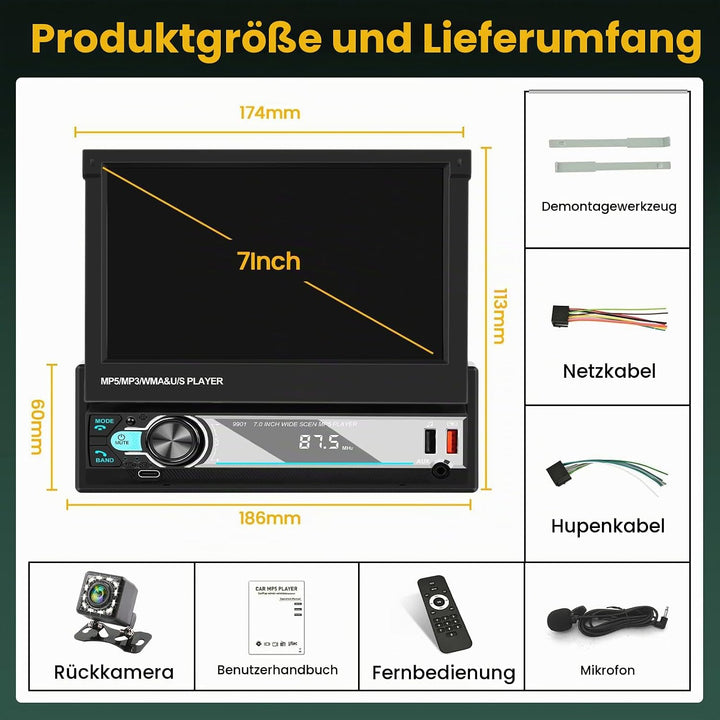 Hikity 1 Din Autoradio Wireless Carplay Andriod Auto 7 Zoll Manuelle Ausfahrbarem Bildchirm Auto Rad