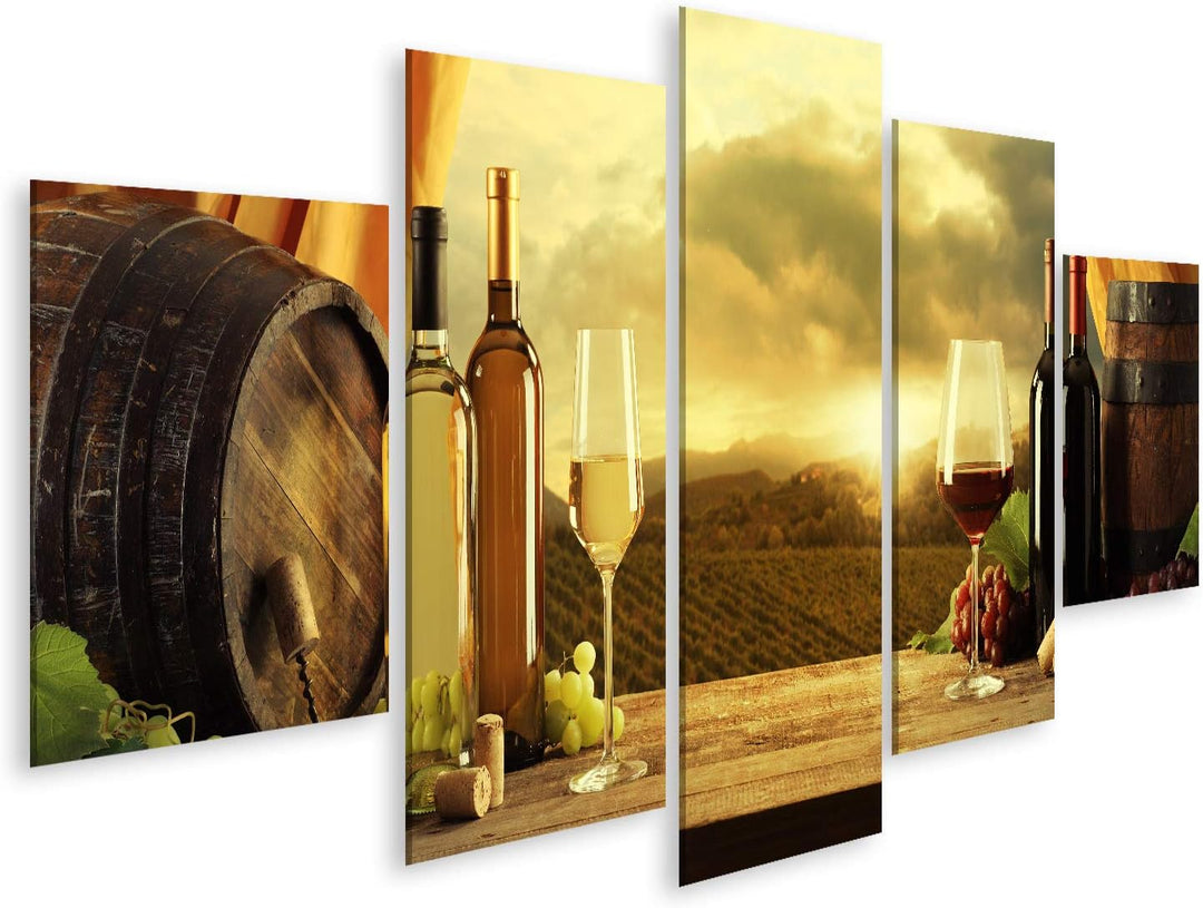 islandburner Bild auf Leinwand Weinflaschen Fässer Weinberg Sonnenuntergang Wandbild Poster Kunstdru