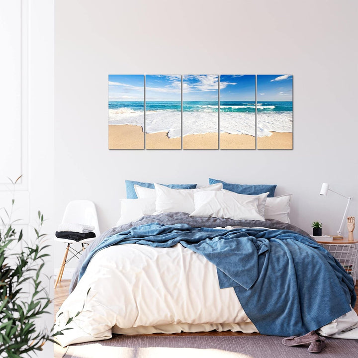 Runa Art Wandbild XXL Strand Meer Schlafzimmer Wohnzimmer 200 x 80 cm Beige Blau 5 Teilig - Made in