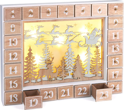 BRUBAKER Adventskalender aus Holz zum Befüllen - Fliegender Weihnachtsmann mit LED-Beleuchtung - Wie