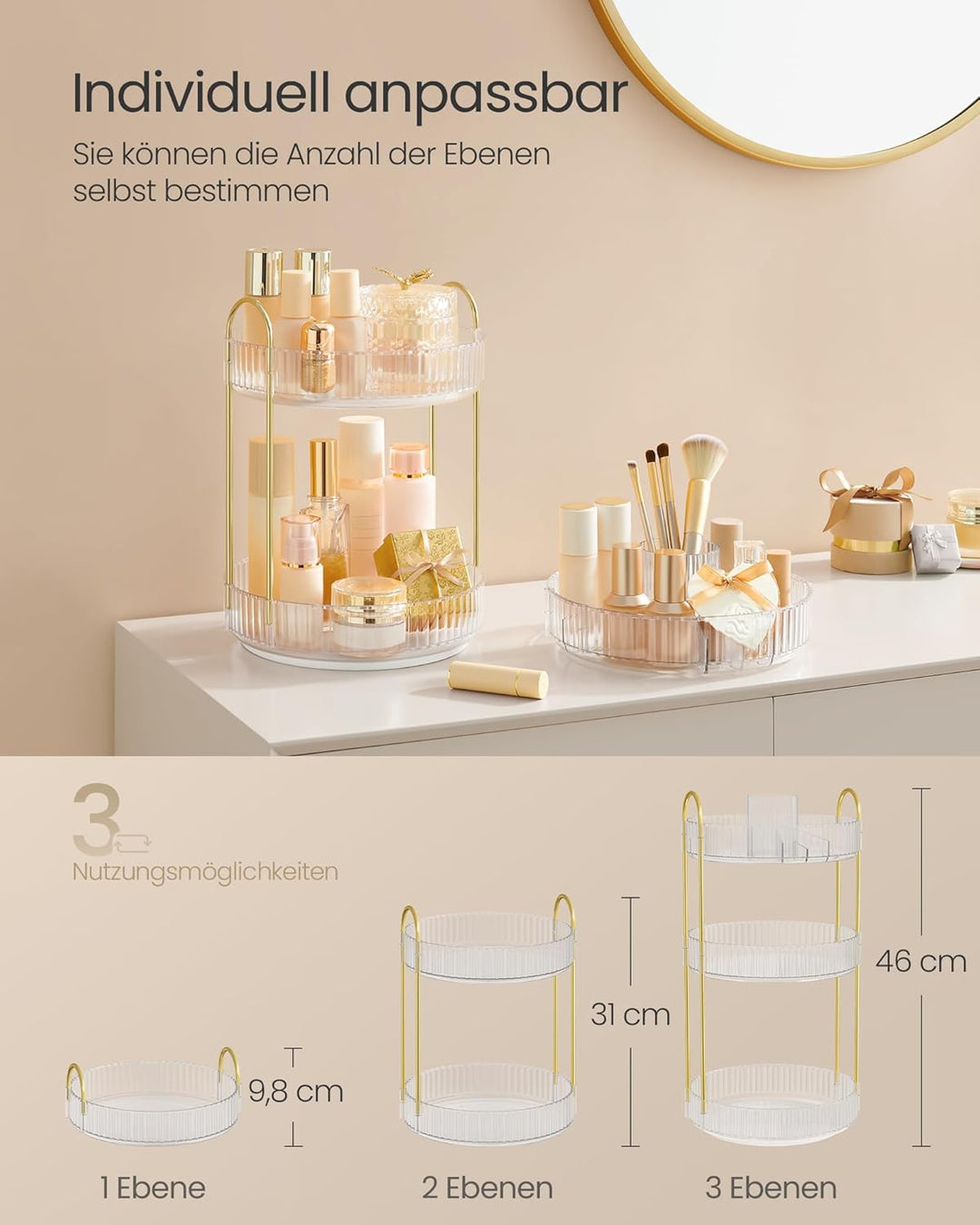 SONGMICS Make-up Organizer drehbar, Kosmetik-Organizer rund, 3 Ebenen, Kosmetik Aufbewahrung, anpass