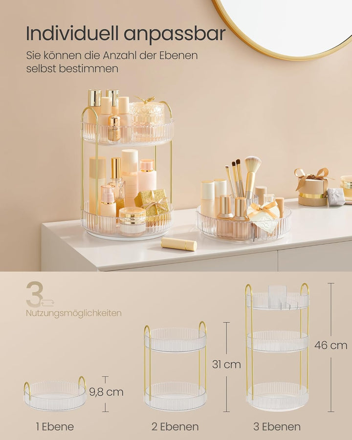 SONGMICS Make-up Organizer drehbar, Kosmetik-Organizer rund, 3 Ebenen, Kosmetik Aufbewahrung, anpass
