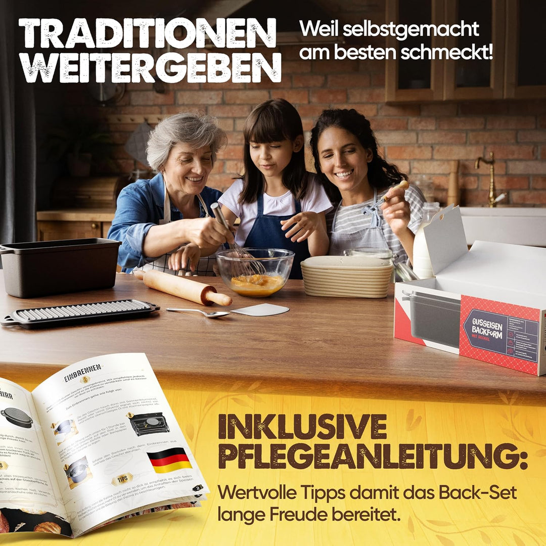 Flavemotion Brotbackform mit Deckel – Komplett-SET (Gärkörbchen, Bäckermesser, Teigkarte, Starter-Re