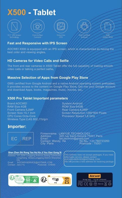 AOCWEI x500 Tablet 10 Zoll, 14 GB RAM 128GB ROM (512GB TF) Android 13 Tablet PC, Octa-Core, 5GWiFi,
