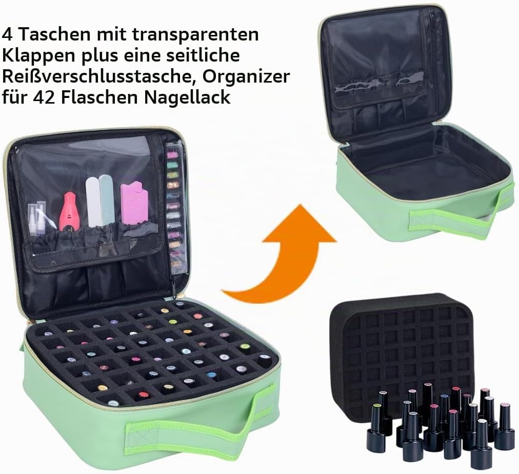 Nagellack Aufbewahrung PU Leder Speichern 42 Flaschen,Grün, Grün