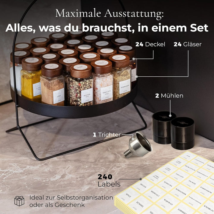 KITCHI Gewürzgläser Eckig Set 24 Stück inkl. 2 Salz- & Pfeffermühlen | Akazie Holzdeckel | Premium G
