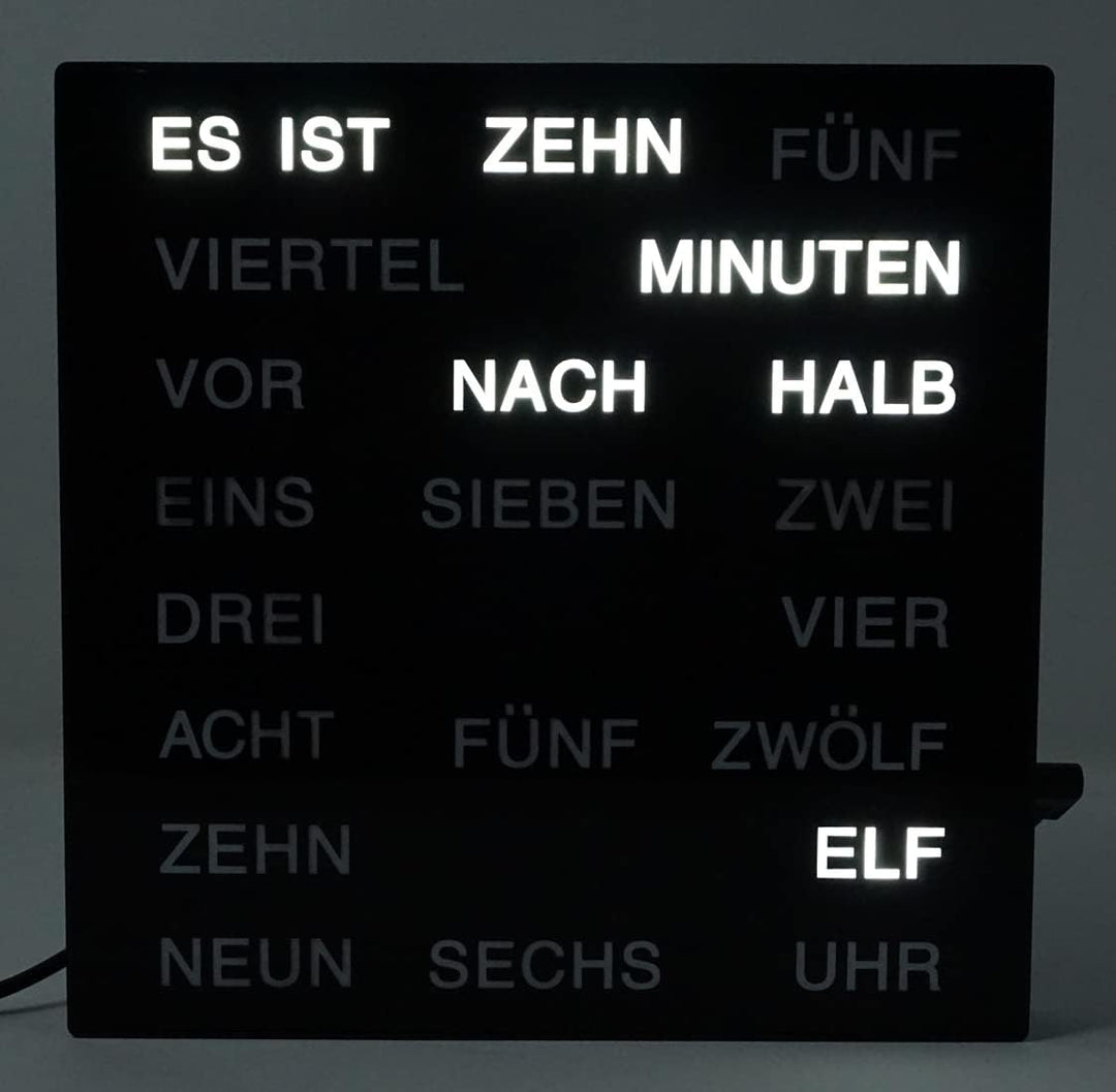 Uhr mit Deutscher LED Wort Anzeige Wortuhr schwarz 20x20 cm Tischuhr Wanduhr