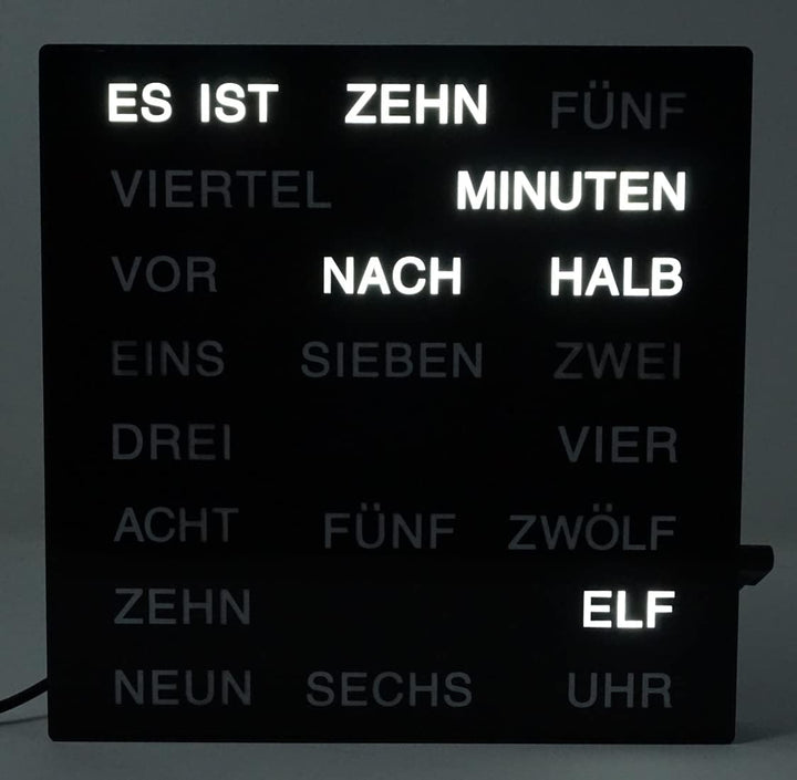 Uhr mit Deutscher LED Wort Anzeige Wortuhr schwarz 20x20 cm Tischuhr Wanduhr