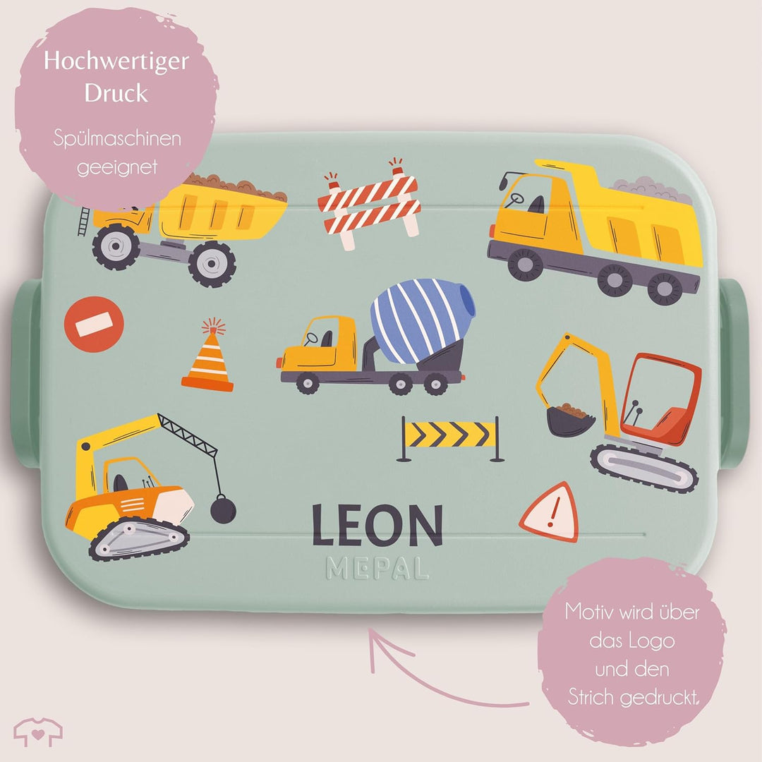 Kinder Bento Box Midi für Mepal Bentobox - Brotbox Bagger mit Name Lunchbox Baustelle Jausenbox Baus