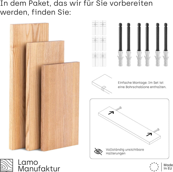 LAMO Manufaktur 3 Stück Wandregal aus Holz mit unsichtbarer Befestigung 40/35/30cm | Wandregal Holz