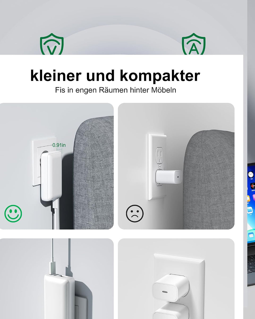USB Ladegerät Flach,3 Ports USB C Stecker Abgewinkelt,Flaches Netzteil mit 20W PD Schnellladegerät,F