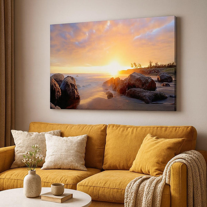 Bilder auf Leinwand Meer Strand Felsen Leinwandbild mit Rahmen 70x50cm Wandbilder Dekoration Wohnzim