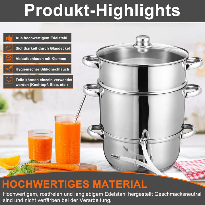 Dampfentsafter Ø26 16L Edelstahl Entsafter Saftpresse Inkl 4 Bügelflasche, für alle Herdarten geeign