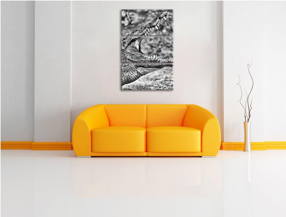Pixxprint Monocrome, gewaltiges Krokodil 3-Teiler Leinwandbild 120x80 Bild auf Leinwand