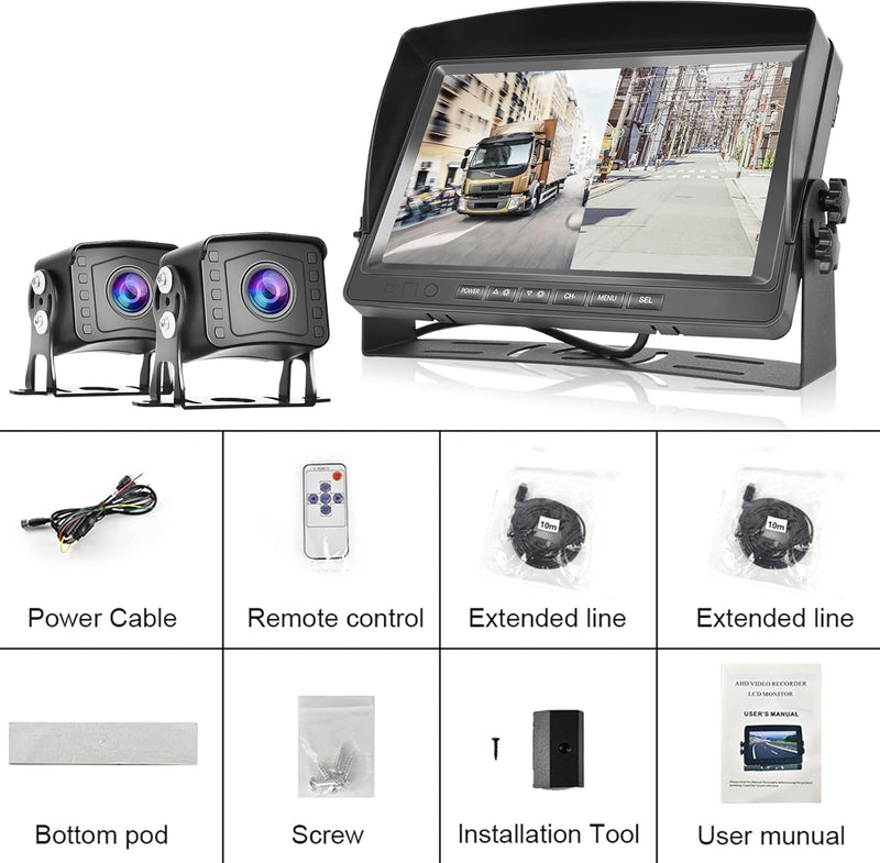 Dual Backup Kamera Rückfahrkamera System, Videoaufzeichnung 9 Zoll LCD Monitor DVR, IP69 Wasserdicht