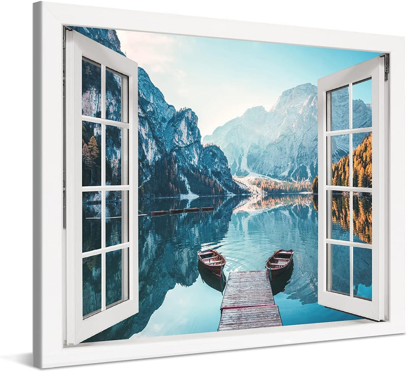 PICANOVA – Bild auf Leinwand Dolomites Bergsee Pragser Wildsee Fenster 100x75cm Leinwandbild – Premi