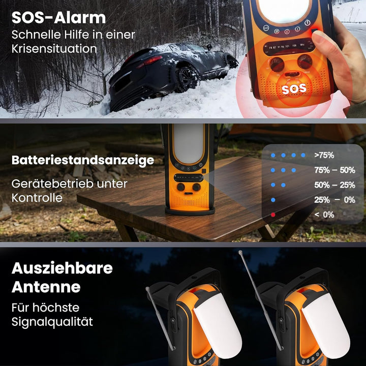 Extralnik Notfallradio AM/FM, Solar & Kurbelradio mit Powerbank 6000mAh, 6 Ladearten, USB C, Taschen